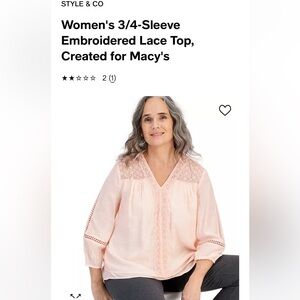 NWT Women's 3/4-Sleeve Embroidered Lace Top, Created for Macy's
